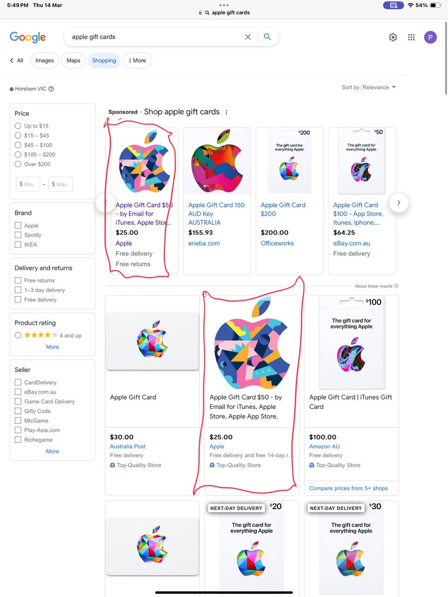 BerminghamPeter's tweet photo. @tim_cook @apple 
Please answer me why you will not honour the price of you gift card when the are on a sponsored Google ad?
And when I try to ring @apple they stone wall me and then hang up! This is very wrong and according to Australian Consumer Law is Illegal @acccgovau https://t.co/w3CkZvNkH6