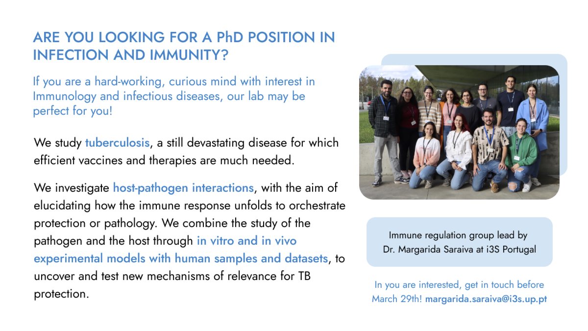 Are you looking for a PhD position in infection and immunity?

Margarida Saraiva is looking for a PhD candidate to join her team at i3S, Porto

🗓 If you are interested, get in touch before March 29th!

 #immuneresponse #tuberculosis #infection #phd