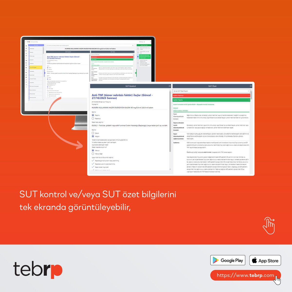 TEBRP web uygulamasına SUT Kontrol modülü eklendi. Yeni geliştirdiğimiz bu modül ile; •SGK Geri Ödeme Kapsamındaki ilaçları müstahzar adı, karekod veya barkod bilgileri ile arayabilir; •'Reçeteye ekle' butonu ile reçete ilaç listesi oluşturabilir; •SUT kontrol ve/veya SUT…