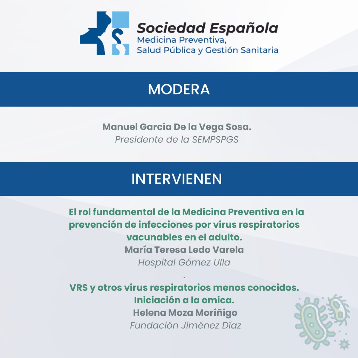 SEMPSPH's tweet photo. No te pierdas la próxima cita formativa de la #SEMPSPGS.
Webinar El rol fundamental de la #MedicinaPreventiva en la prevención de infecciones por virus respiratorios en adulto
🗓️ 9/04 18:00 h. ✍️🏼https://t.co/NQXhUavZiC https://t.co/QHbxfdmrWP