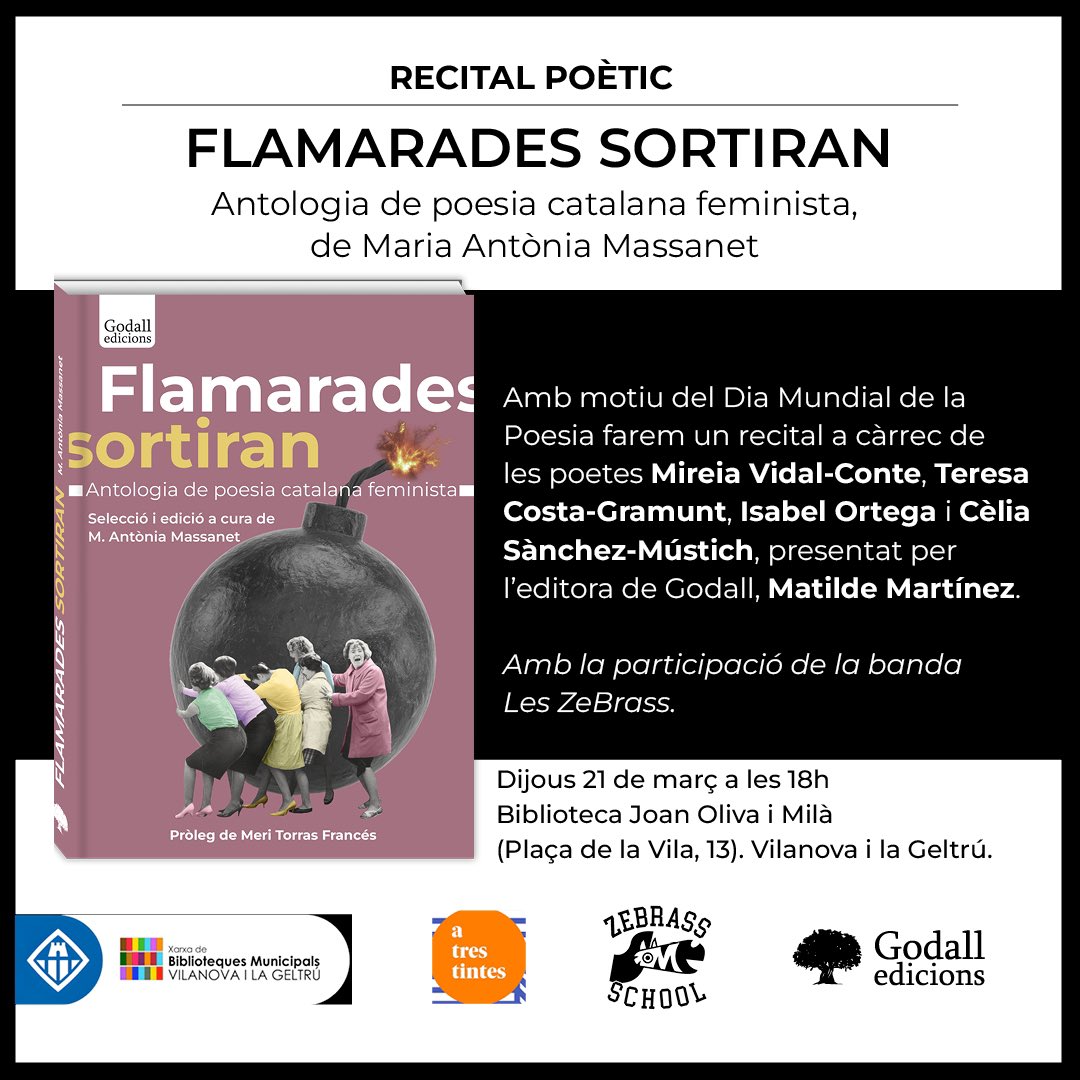 <a href="/antoniamassanet/">M. Antònia Massanet</a> <a href="/matilmartinez/">Matilde Martínez</a> <a href="/MjEscriva/">Maria Josep Escrivà</a> <a href="/AmbraLlibres/">Ambra Llibres</a> <a href="/FILTRADCOMUV/">Facultat de filologia, Traducció i Comunicació UV</a> <a href="/begonyapozo/">Begonya Pozo</a> <a href="/fan_set_/">llibreria fan set</a> @celoniverger <a href="/GremiLlibrers/">Gremi de Llibrers de València</a> <a href="/valenciaplaza/">Valencia Plaza</a> <a href="/elpais_valencia/">El País Valencia</a> <a href="/cent_vides/">Llibreria Cent Vides</a> <a href="/ConsellMenorca/">Consell de Menorca</a> <a href="/soniamoll/">Sònia Moll #UErgonya</a> @LauraLopezG <a href="/annapantinat/">anna pantinat</a> <a href="/Glosadors/">Glosadors de Mallorca</a> <a href="/molinsderei/">Molins de Rei</a> <a href="/Izaskunarretxe/">Izaskun Arretxe Irigoien</a> <a href="/IgualdadGob/">Ministerio de Igualdad</a> <a href="/bibfbonnemaison/">Biblioteca Francesca Bonnemaison</a> <a href="/LluisaJulia/">Lluïsa Julià</a> Pel 🌼Dia Mundial de la Poesia🌼 tenim preparat un recital a la Biblioteca Joan Oliva de Vilanova i la Geltrú.

Hi seran quatre poetes del territori: <a href="/vidalconte/">Mireia Vidal-Conte ✍🏼🌊</a>, Teresa Costa-Gramunt, <a href="/IsabelOrtega92/">Isabel Ortega</a> i <a href="/celiasmustich/">Cèlia Sànchez-Mústich</a>.

Amb la complicitat de la banda <a href="/zebrassband/">Zebrass</a>!🎶