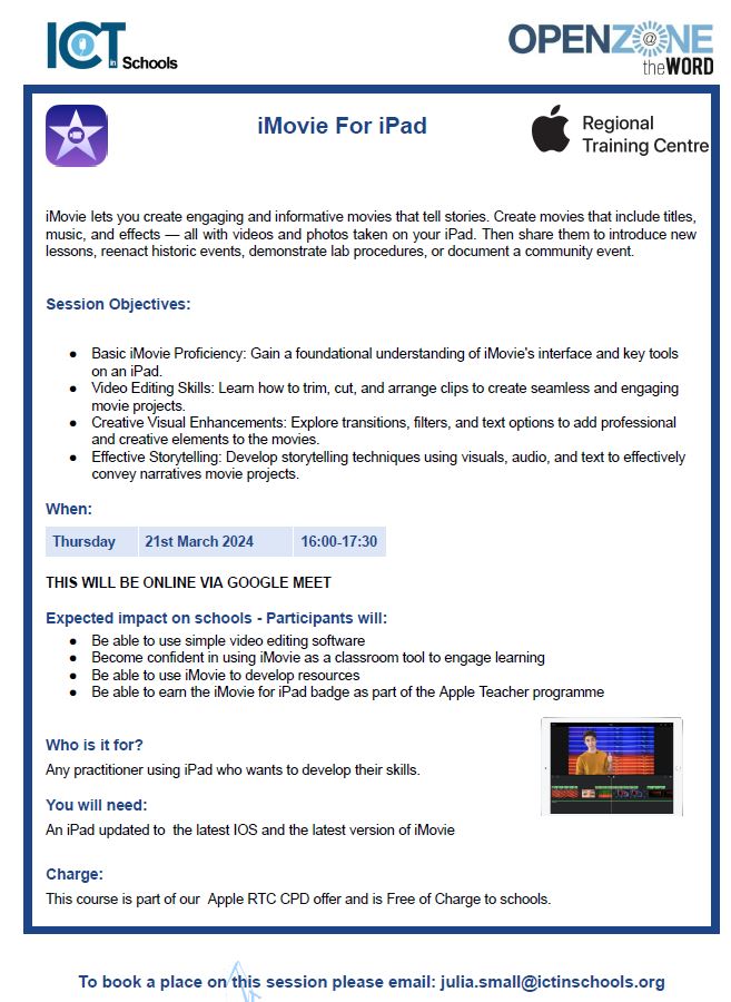 ICTinSchools's tweet photo. South Tyneside Apple RTC online course- iMovie for iPad.  Thursday 21st March 16.00 - 17.00 https://t.co/ir601XxLz8