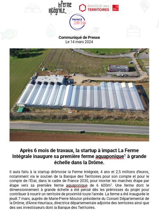 La @BanqueDesTerr soutient la startup à impact @fermeintegrale qui inaugure sa première ferme aquaponique à grande échelle dans la Drôme.
#France2030 #Territoiresdinnovation #Transitionalimentaire #transformationécologique
urlz.fr/pSHW