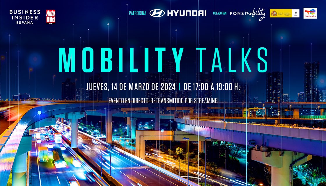 BIEspana's tweet image. ¡Última llamada para nuestro #MobilityTalks! ⚡️ 

Hoy hablamos de movilidad del futuro con @HyundaiEsp, @vodafone_es, @MicrosoftES, @enisa, @AnfacAutomovil, @TotalEnergies, @Telefonica, @gestamp_es y Charge Gurú.

Apúntate aquí para seguirlo online: eventos.businessinsider.es/ES/mobility-ta…