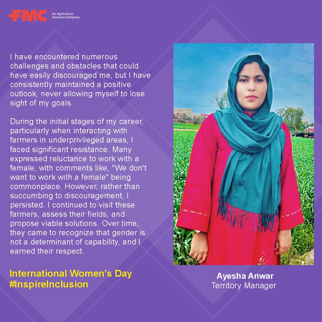 fmc_pakistan's tweet photo. Meet Ayesha Anwar, our exceptional Territory Manager! 🌟

On International Women's Day, she shares her accomplishments in achieving success in her position, paving the way for future leaders! 💼👩‍💼

#FMC #InspireInclusion #WomenAtWork #IWD2024 #EmpowerHer #Pakistan https://t.co/AuNNTZ4SVK
