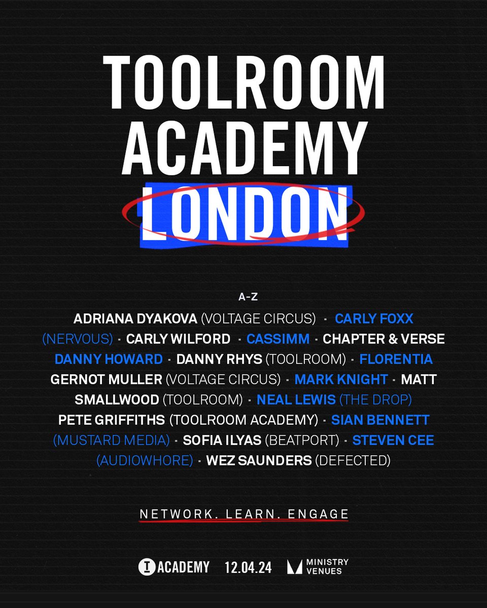 We’ll be linking up with our good friends at @ToolroomAcademy in London discussing how artists can breakthrough. Strategy Director @sianbennett will be exploring how to build an audience in 2024, focusing on online community growth + social media strategies 🤳