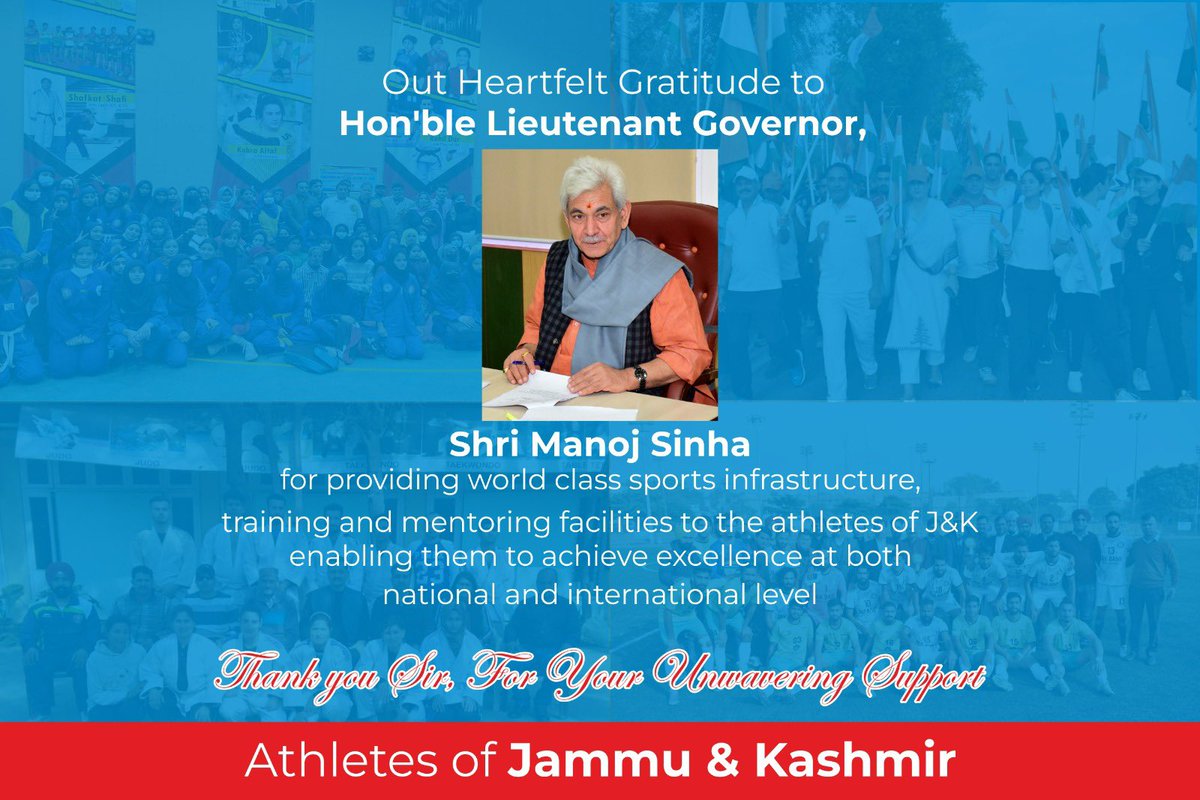kashmir_sports's tweet photo. Out Heartfelt Gratitude to HLG @manojsinha_  for providing world class sports infrastructure training &amp; mentoring facilities to the athletes of J&amp;K enabling them to achieve excellence at both national &amp; inter. level
THANK YOU SIR 
FOR YOUR UNWAVERING SUPPORT
@narendramodi https://t.co/Li9iuF39Nh