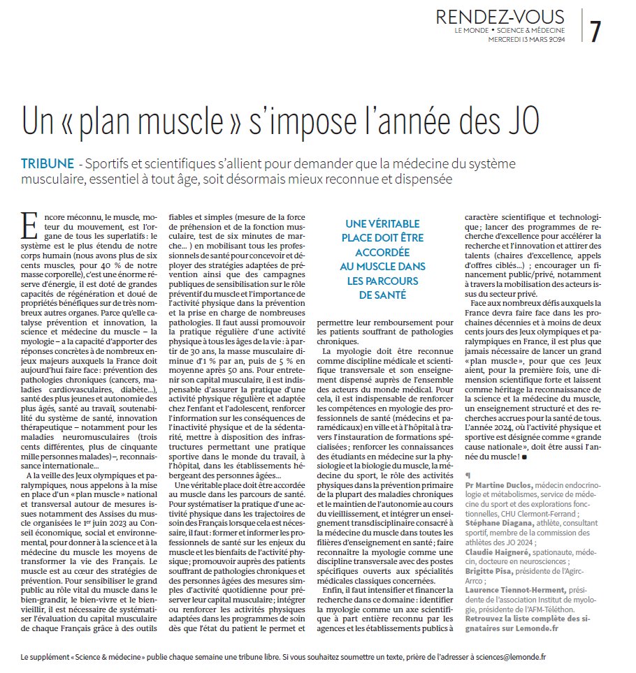 SemaineDuMuscle's tweet photo. Plus de 40 personnalités, dont des sportifs et des scientifiques, appellent au lancement d’un « Plan Muscle » national et transversal pour donner à la science et à la médecine du muscle, les moyens de transformer la vie des Français.

👉 https://t.co/PB99mujQj4

📰 @lemondefr https://t.co/y9JROqlF67