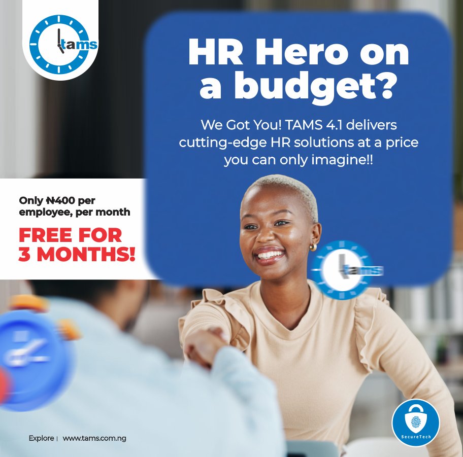 SecureTechNig's tweet photo. At just 400 Naira per employee, per month (still the market's best!), TAMS empowers you to optimize your workforce - without breaking the bank! https://t.co/DwHPvxupwW