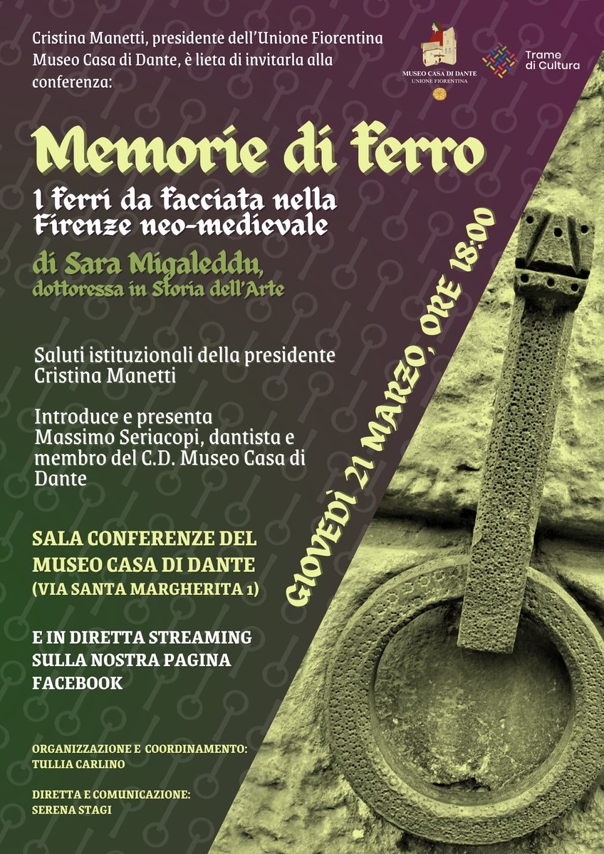 🗓️ Giovedì 21 marzo, ore 18: conferenza 𝕸𝖊𝖒𝖔𝖗𝖎𝖊 𝖉𝖎 𝖋𝖊𝖗𝖗𝖔. 𝕴 𝖋𝖊𝖗𝖗𝖎 𝖉𝖆 𝖋𝖆𝖈𝖈𝖎𝖆𝖙𝖆 𝖓𝖊𝖑𝖑𝖆 𝕱𝖎𝖗𝖊𝖓𝖟𝖊 𝖓𝖊𝖔-𝖒𝖊𝖉𝖎𝖊𝖛𝖆𝖑𝖊, tenuta da Sara Migaleddu, dottoressa in Storia dell’Arte - museocasadidante.it/conferenza-mem…