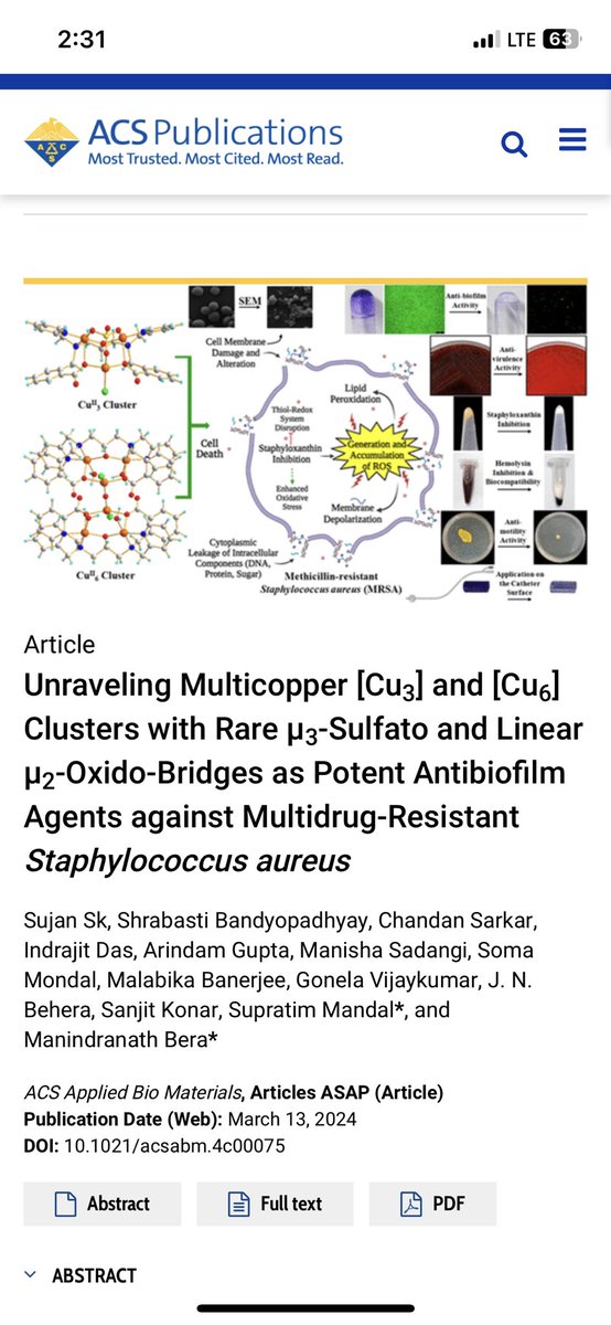 SM_Research_Grp's tweet photo. Happy to share our recent work published in ACS Applied Biomaterials( IF 4.70). Here, we have developed two novel [Cu3] and [Cu6] clusters capturing μ3-sulfato and unsupported linear μ2-oxido groups as potent drug candidates against multi drug resistant Staphylococcus aureus. https://t.co/TaFjRGPr7f