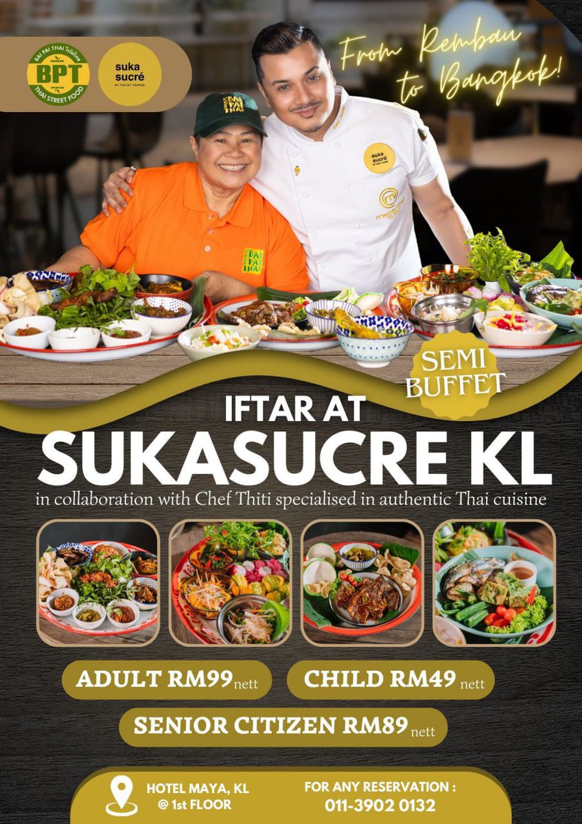 Jom berbuka puasa di Sukasucre! Untuk Ramadhan ni, Sukasucre collab dengan Chef Thiti dari Bai Pai Thai.

So datang berbuka di Sukasucre, nak makan Masak Lomak pun ado, makanan Thai pun ado!