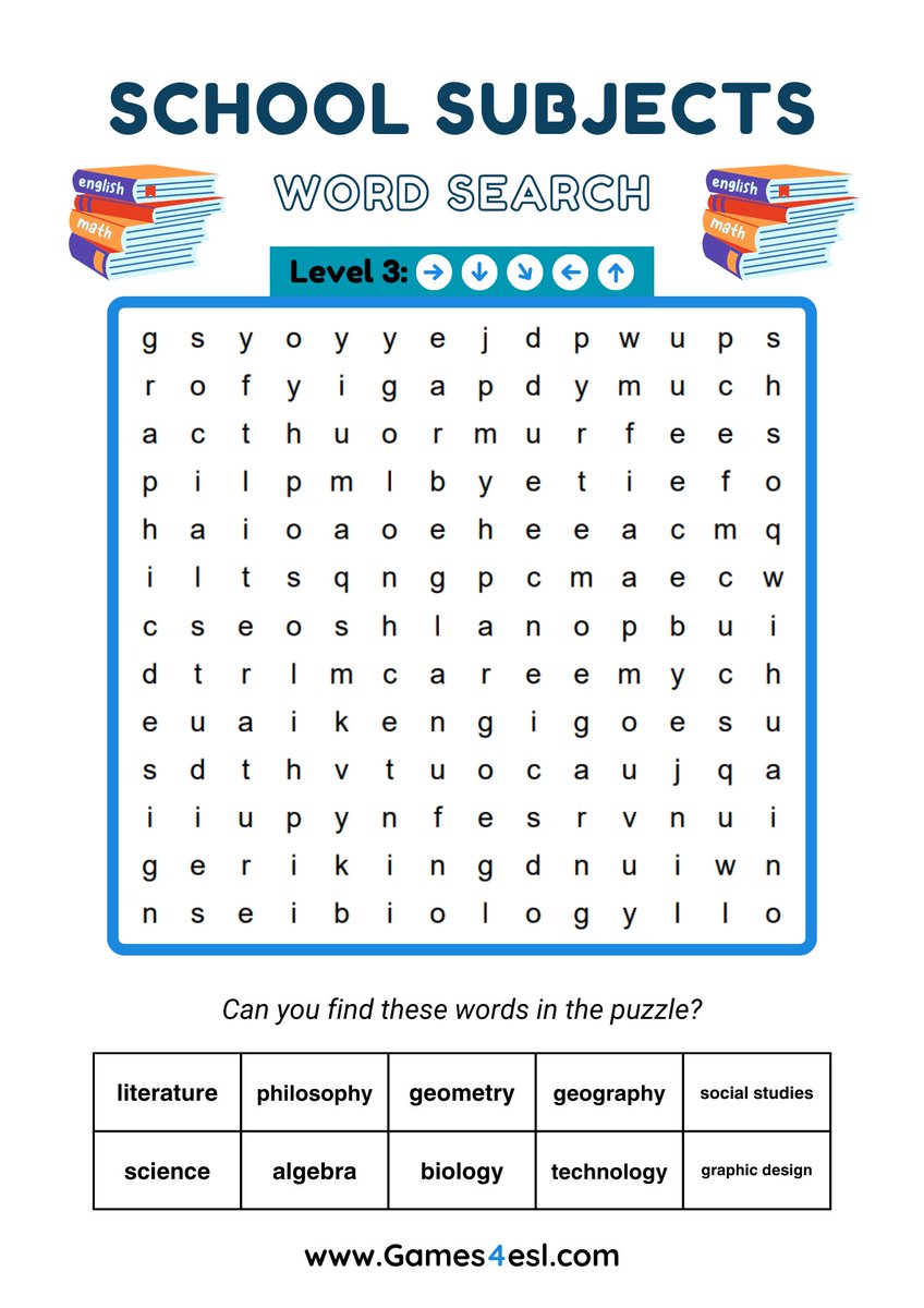 Download these School Subject Word Searches and use them in class today! As always, these are FREE to use in your lessons. games4esl.com/esl-worksheets…