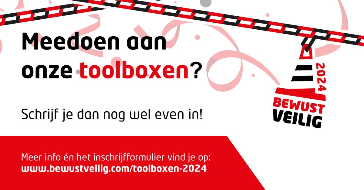 🧰 Tijdens #bewustveilig2024 organiseren we zes online toolboxen over verschillende veiligheidsonderwerpen. 

Doet ook jouw bedrijf mee aan één of meerdere toolboxsessies? Schrijf je dan wel even in via bewustveilig.com/toolboxen-2024! ✍
