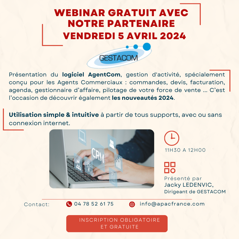 ApacFrance's tweet photo. Agents-Co, ne manquez pas notre prochain webinar gratuit - Vendredi 5 avril 2024 avec notre partenaire GESTACOM - AGENTCOM ! 🚀
L'occasion parfaite pour découvrir les nouveautés 2024 du logiciel ! 💼
ℹ Inscription gratuite : https://t.co/VuHDNV76XF

#apacfrance #agentcommercial https://t.co/i4Y5Cm8pmI