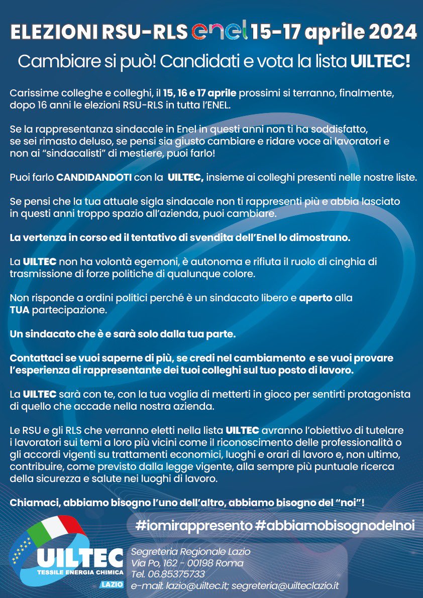 UiltecL's tweet photo. ELEZIONI RSU RLS #ENEL 15-17 aprile. 
CAMBIARE SI PUÒ!
CANDIDATI E VOTA LA LISTA UILTEC 

Abbiamo bisogno l’uno dell’altro; abbiamo bisogno del “NOI”

#RSU #RLS @Uiltec @Enel #abbiamobisognodelnoi 
#iomirappresento

@MassimilianoAp6 https://t.co/DJIkUCHs4z