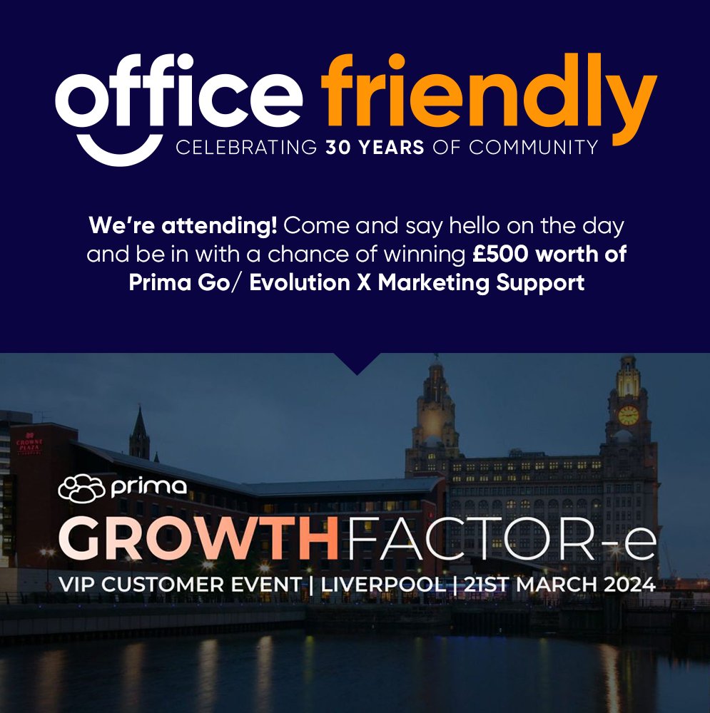 officefriendly's tweet image. Our team will be at the @PrimaSoftware Growth Factor-e!

We will be giving away three top prizes, including £500 worth of Prima Go/ Evolution X marketing support!🚀

Come and say hello to our team to learn more about how we can help your business. 

#GROWTHFACTORE #PrimaGF24