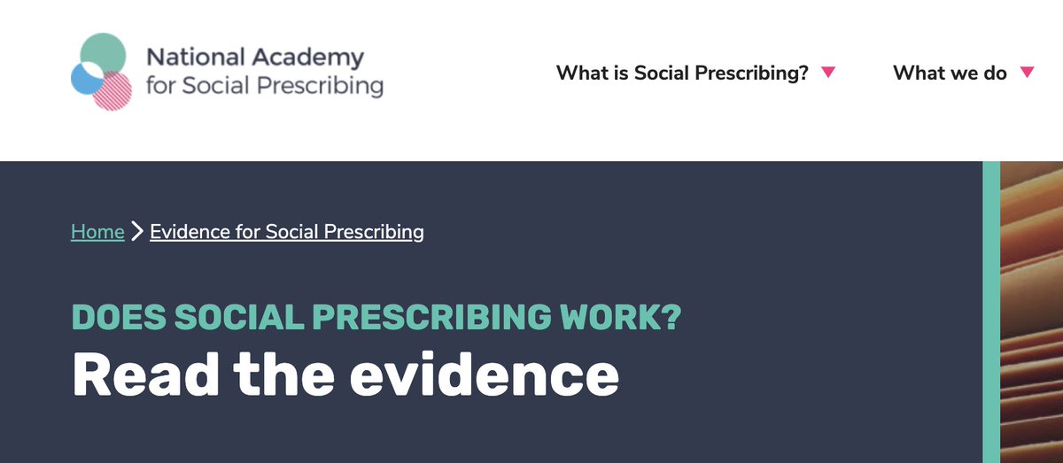 1/a few - It is #SocialPrescribingDay and if you are interested in the evidence then here are a few interesting links (I hope)…

Firstly, our collaborative produced a series of evidence summaries for @NASPTweets  and they are all hosted here: socialprescribingacademy.org.uk/read-the-evide…