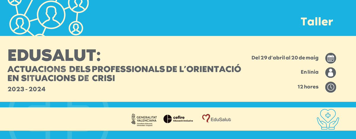 📢 S'amplien places per al taller: "EDUSALUT: Actuacions dels professionals de l'orientació en situacions de crisi"  

📆 Del 29 d'abril al 20 de maig
💻 En línia 
⏳12 hores  

🚨 IMPORTANT: Dirigit a professionals de l'orientació.

➕TOTA la ℹ️i 📝⬇️
cefire.edu.gva.es/sfp/index.php?…