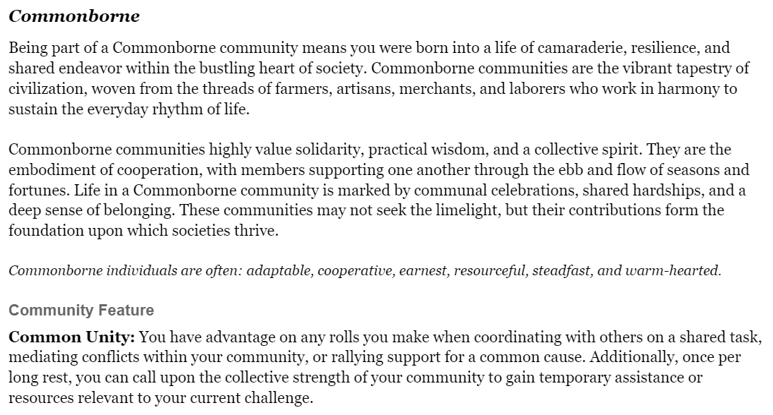 kelph1's tweet photo. @CriticalRole @DarringtonPress Loving the hefty look at #Daggerheart , but I feel there's a bit of a gap in the Communities.  Presenting, Commonborne, for those whose characters were raised in a singular place of simplicity, where community meant everything. https://t.co/t98khKduCw