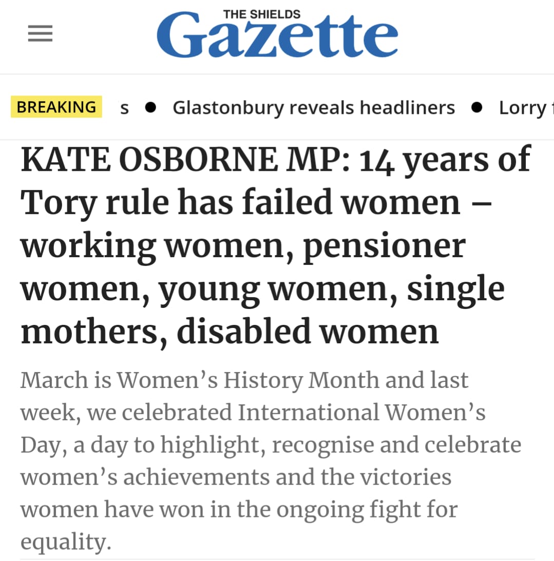 KateOsborneMP's tweet photo. 14 years of consecutive Conservative Governments have failed women - working women, pensioner women, young women, single mothers, disabled women.

#SpringBudget2024 should have been an opportunity to address gender inequalities.

Instead, it did the opposite.

@shieldsgazette 👇 https://t.co/bdquUyVXyC