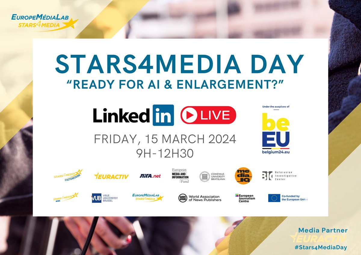 Stars4Media's tweet photo. 💫Only 1 Day before our #Stars4MediaDay! We are looking forward to welcome you at Résidence Palace to join our panels and discussions on #mediaindustrialpolicy, #disinformation in #EasternEurope and #AI.

The panels will be live on our LinkedIn: https://t.co/dTBxMLg1ot https://t.co/5cxo6lT1in
