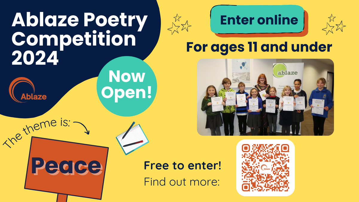 📢Attention all primary pupils in Bristol, B&amp;NES, South Glos, Wiltshire and North Somerset..

The Ablaze Poetry Competition 2024 is now open!

This year the theme is 'Peace'.

📅Deadlines for entries is Friday 19th April. 

ablazebristol.org/poetry-competi…

#competition #poetry