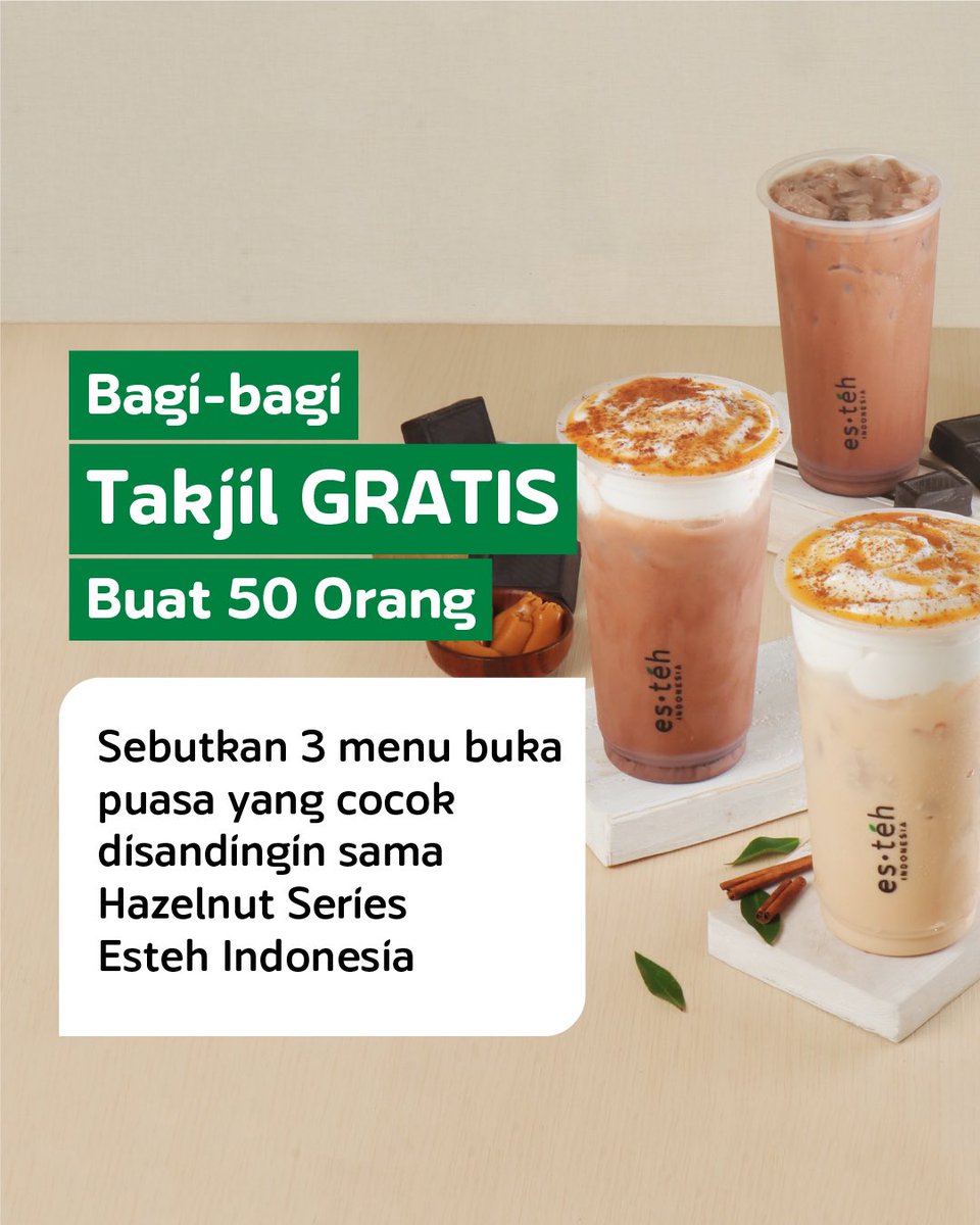 txtdaribogor's tweet photo. ✨BERBAGI DI BULAN RAMADHAN✨

Alhamdulillah @esteh_indonesia & @txtdaribogor mau bagi bagi takjil buat 50 orang yang beruntung😇

Syaratnya:
- Follow twitter @txtdaribogor & @esteh_indonesia
- RT Tweet ini
- Reply jawabanmu dengan menggunakan hashtag #KepincutEstehHazelnut
- Periode 14-23 Maret 2024