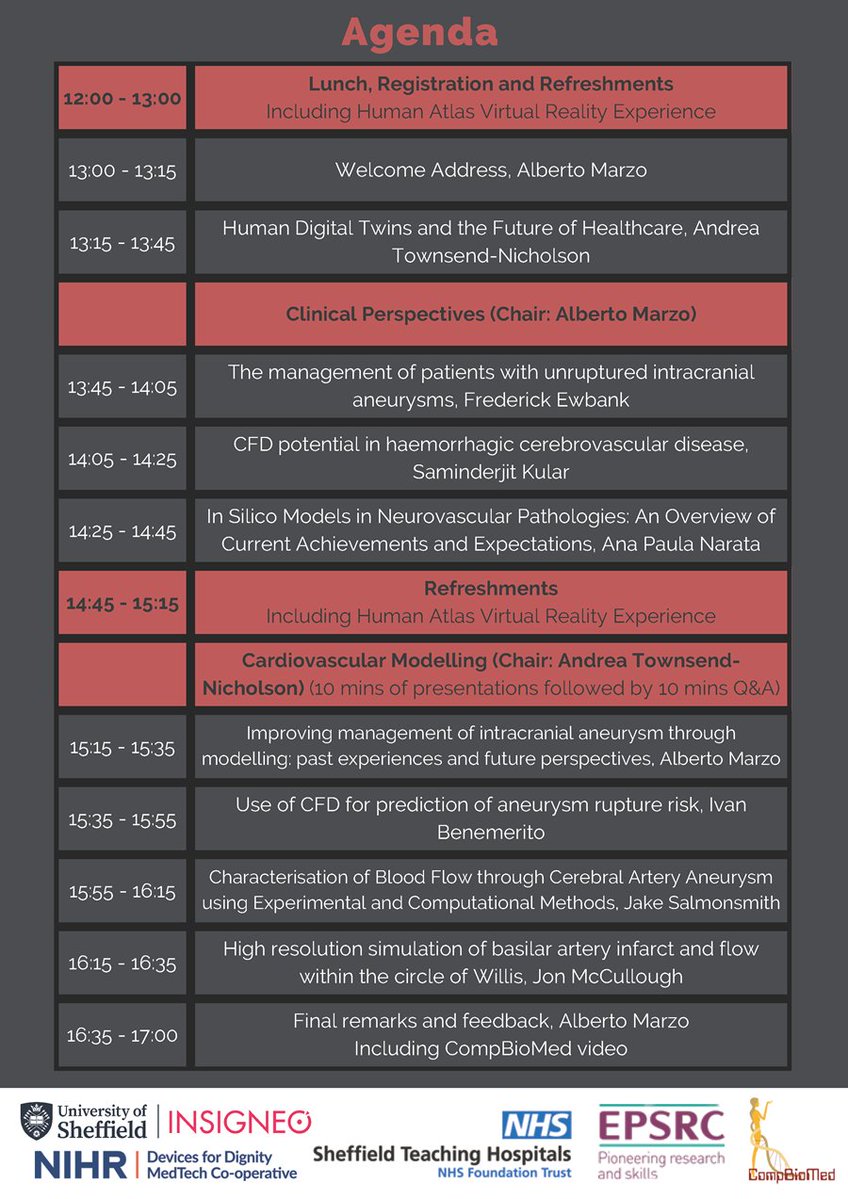 📢Clinicians, are you interested in finding out how computational biomedicine could benefit healthcare? Our CompBioMedX project has a fantastic lineup for their mini-symposium @sheffielduni on 25/03/24. There's still time to register here: sheffield.ac.uk/insigneo/overv… #aneurysm