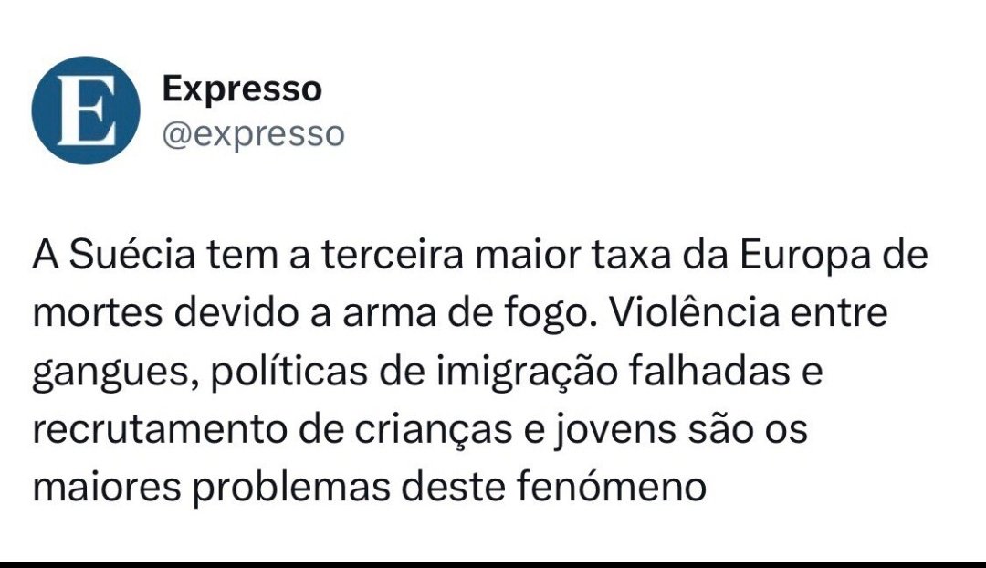 O expresso está a ser simpático

A Suécia têm "no go zones" em várias zonas do país, zonas em que ninguém entra inclusivé a policia, as forças armadas ja foram chamadas para dar suporte a estas zonas.

É também o país que mais subiu no mundo na taxa de violações de mulheres.