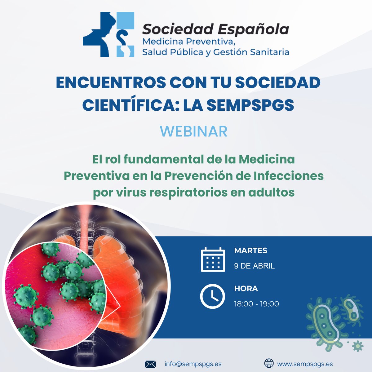 SEMPSPH's tweet photo. Te has inscrito ya en la próxima webinar de la #SEMPSPGS⁉️
El rol fundamental de la #MedicinaPreventiva en la prevención de infecciones por virus respiratorios en adulto
🗣️ Dra. M. Teresa Ledo y Dra. Helena Moza
🗓️ 9/04 18:00 h. ✍️🏼https://t.co/NQXhUawx8a https://t.co/AY8glDHQtb