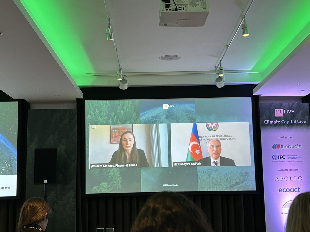 At #FTClimateCapital and President Designate of #COP29 HE Babayev talks of: #climatefinance as priority; #agriculture #water #food as a focus as 80% of the country’s land is under farming; urged countries to up their ambition via updated NDCs; and #Baku as a bridge between GN &GS