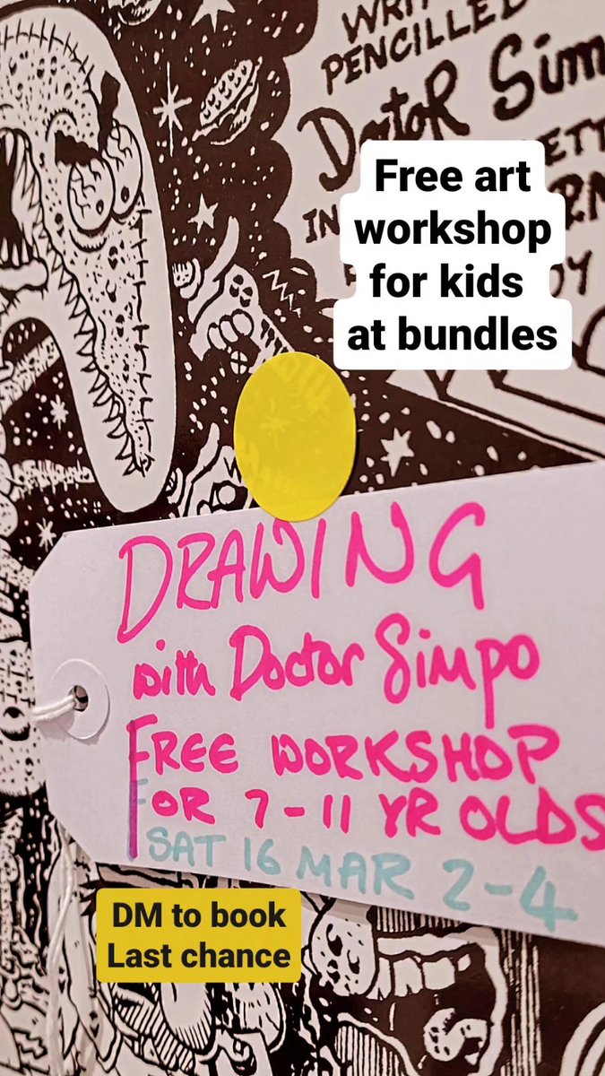 Excited about this! Our first kids art workshop in bundles, with Doctor Simpo, cartoonist and Armley artist. For 7-11 yr -BYO adult, this Sat 16 Mar 2-4. Free. DM us for a place, but be quick we only have a few left....