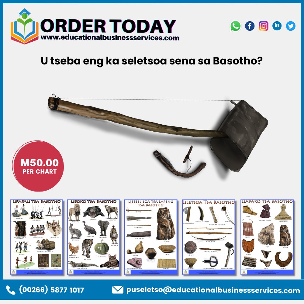 Hello EBS Community,

What can you tell us about the musical instrument in the picture? Do you have any memories or stories to share?

Let’s engage in the comments.

Visit our website for more: educationalbusinessservices.com/product-catego…

#SesothoCharts #EBSLearning #Basotho #Lesotho
#LsTwitter