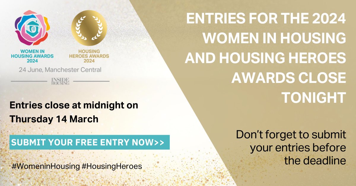 ❗Entries for the #WomeninHousing and #HousingHeroes Awards close tonight!❗ Don't forget to submit your entries before the deadline, and join hundred of your peers who have already put their teams and organisations forward Submit your FREE entries here: womeninhousingawards.co.uk/enter-now