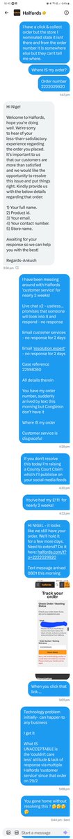 njg28's tweet photo. appalling 'customer service' @Halfords_uk 
2 x live chats - promise investigation &amp; response-doesn't occur
Email customerservices &amp; resolutionexpert-no response 
DM - initial reply then ignored follow up
@Halfords_uk had my £111-95 14 days ago where's my product!
#disgraceful https://t.co/1bC3Lycutv