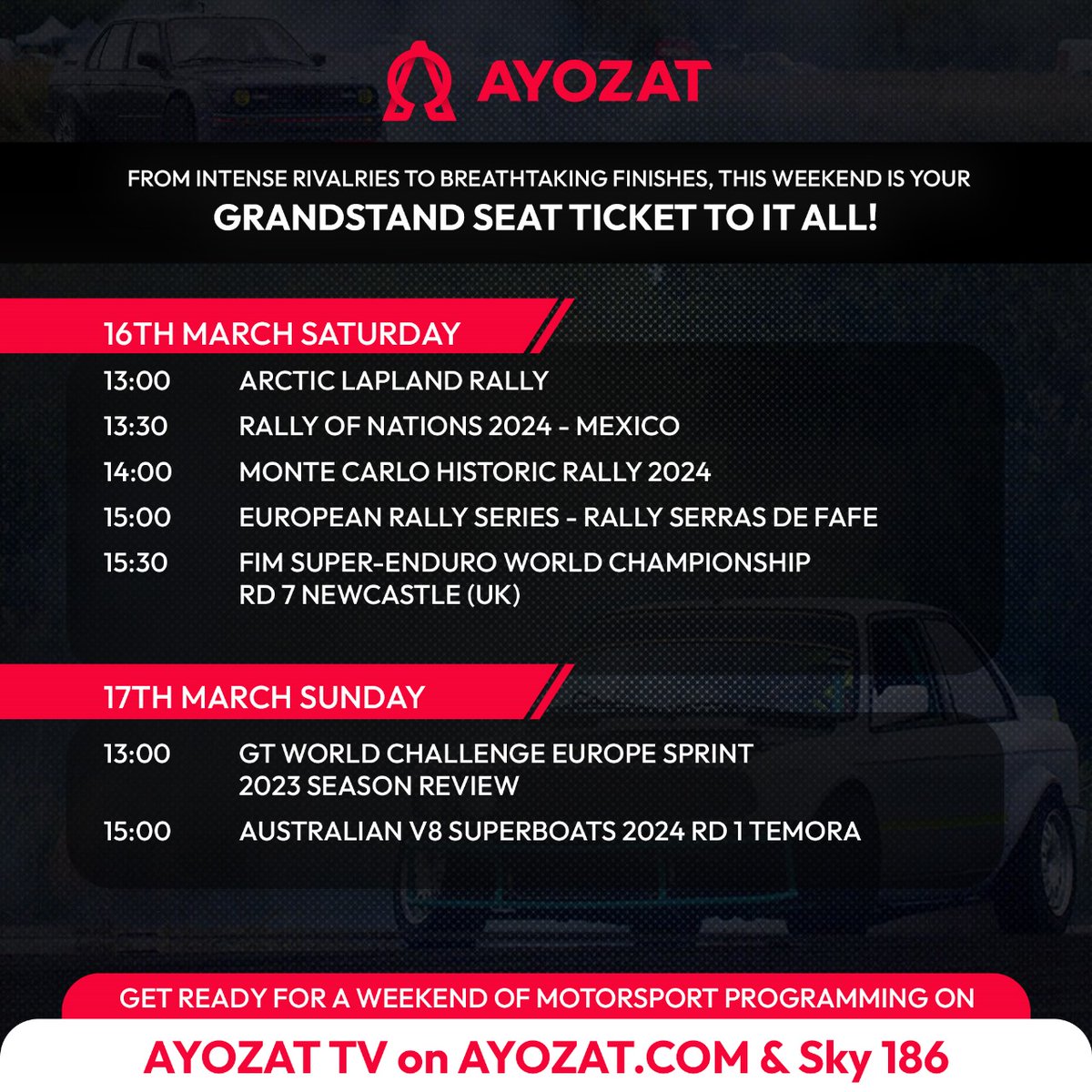 Ready, set, race! Join us this weekend starting at 1 PM on AYOZAT TV at ayozat.com and Sky 186 for roaring engines and nail-biting finishes -  gear up for a weekend of motorsports packed with high-speed thrills!
#motorsport #cars #racing #action #weekendracing
