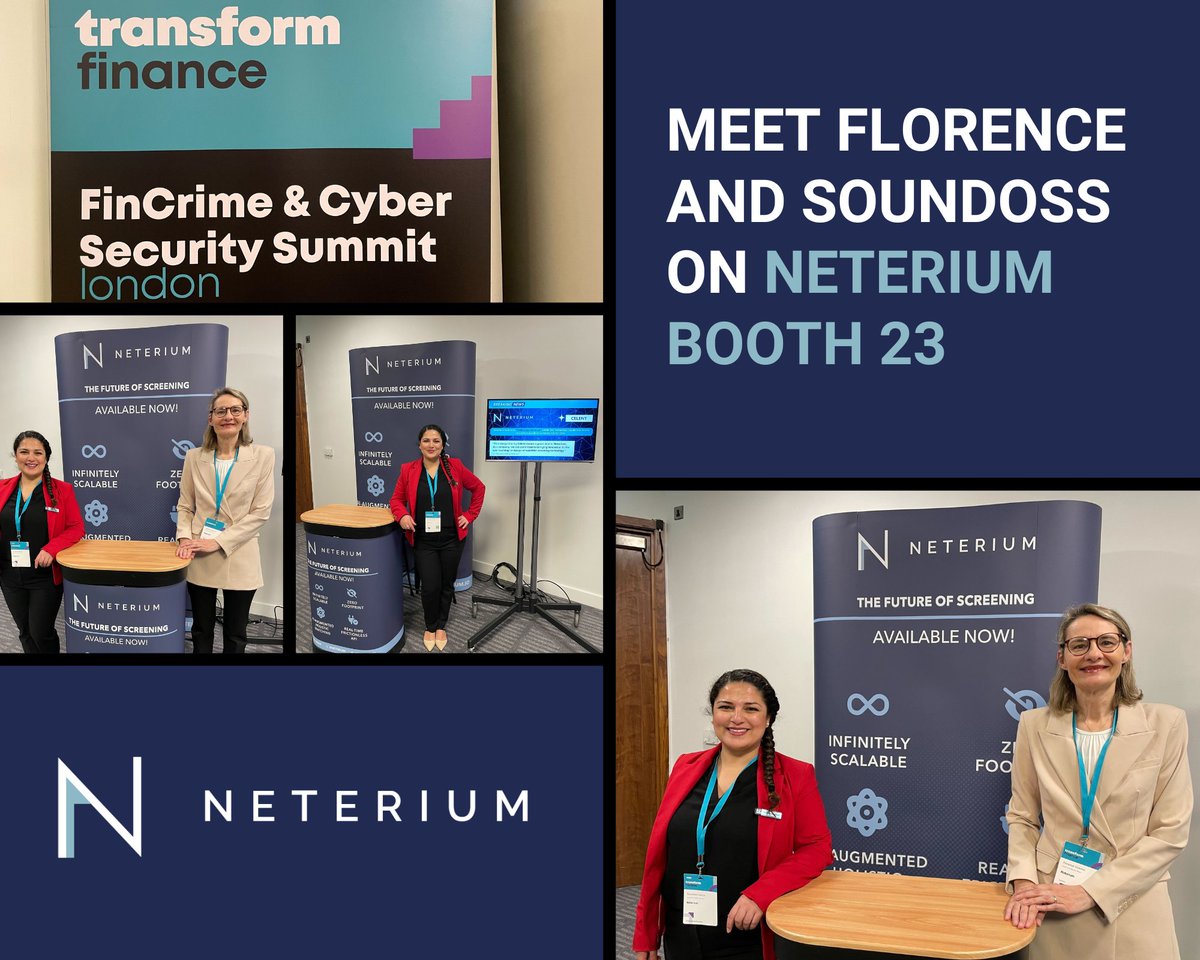 #Event @florencelpv, Neterium's Chief Commercial Officer, & Soundoss Hamza, Business Development Manager, are in the starting block at the FinCrime & Cybersecurity Summit in #London Meet the team on our 𝐁𝐎𝐎𝐓𝐇 𝟐𝟑 #TransformFinanceUK #Sponsor #Fintech #API #FCC