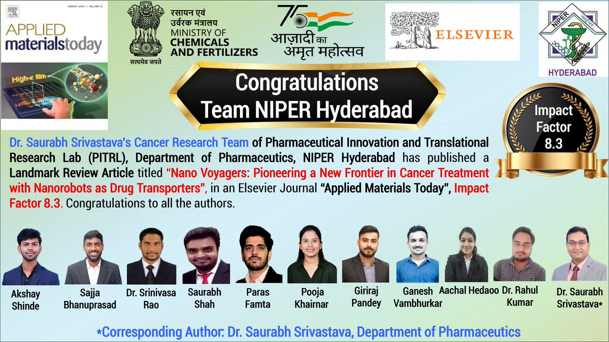 💐#Congratulations to all the authors of a Landmark Review Article titled “Nano Voyagers: Pioneering a New Frontier in Cancer Treatment with Nanorobots as Drug Transporters”, in an Elsevier Journal “Applied Materials Today”,#ImpactFactor 8.3.

@Pharmadept #reviewarticle #niperhyd