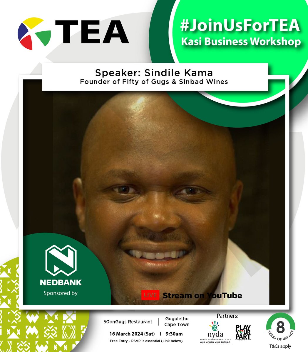 JoinUsForTEA's tweet photo. #JoinUsForTEA with Sindile Kama @SinbadKama the founder of 50 on Gugs Restaurant a Gugulethu based eatery and entertainment business. He is also the founder of Sinbad Wine, The Sinbad Shiraz 2018 and Sinbad Sauvignon Blanc 2019 are currently available, with more varietals being developed.

Watch Live Here: https://t.co/XikG3PA7qi
