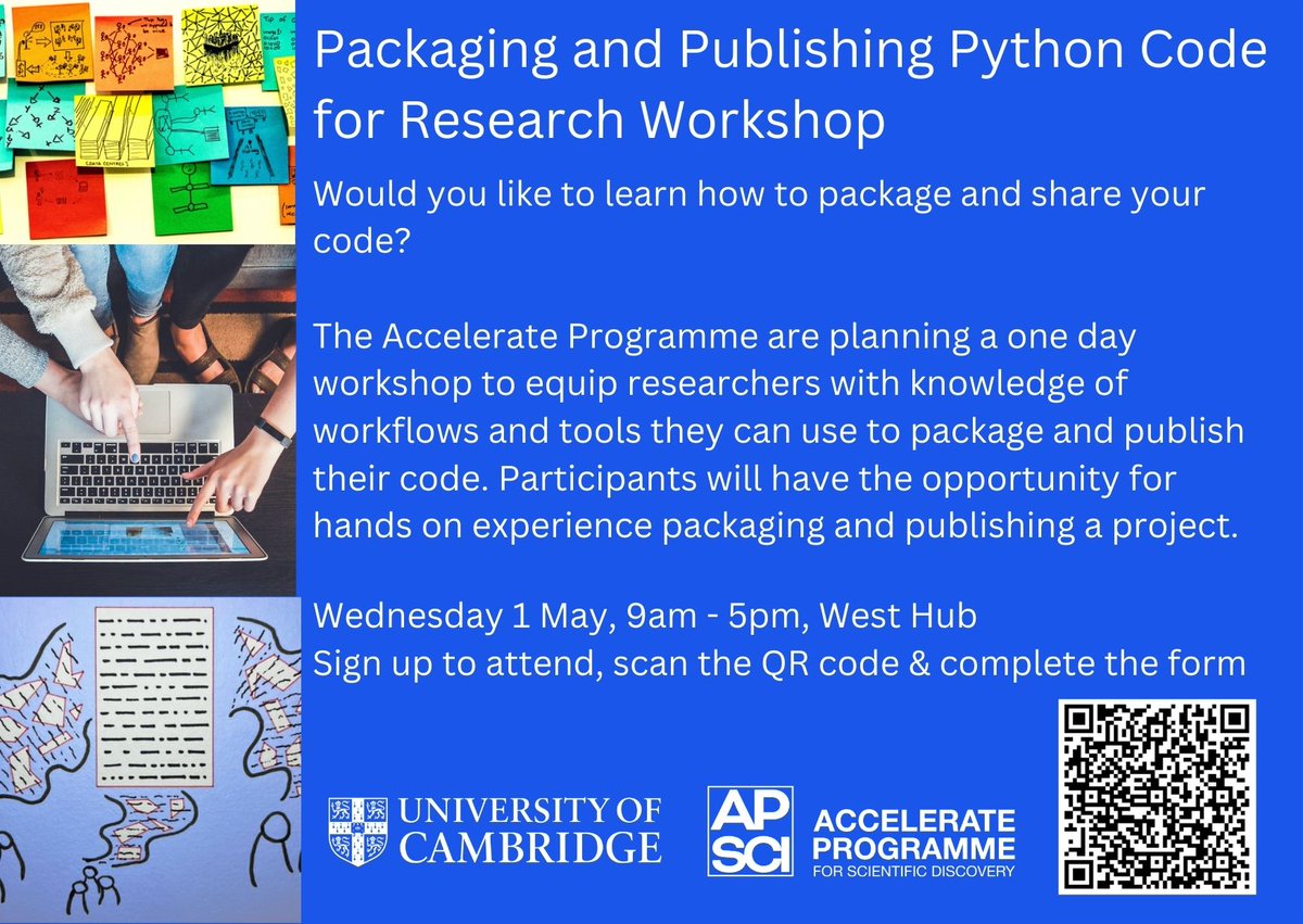 Would you like to learn how to package & share your code? Sign up for our workshop on 1 May @westcamhub to learn about workflows & tools with opportunities for hands on experience. Open to all @Cambridge_Uni postgrad students & staff. bit.ly/3v14nDJ