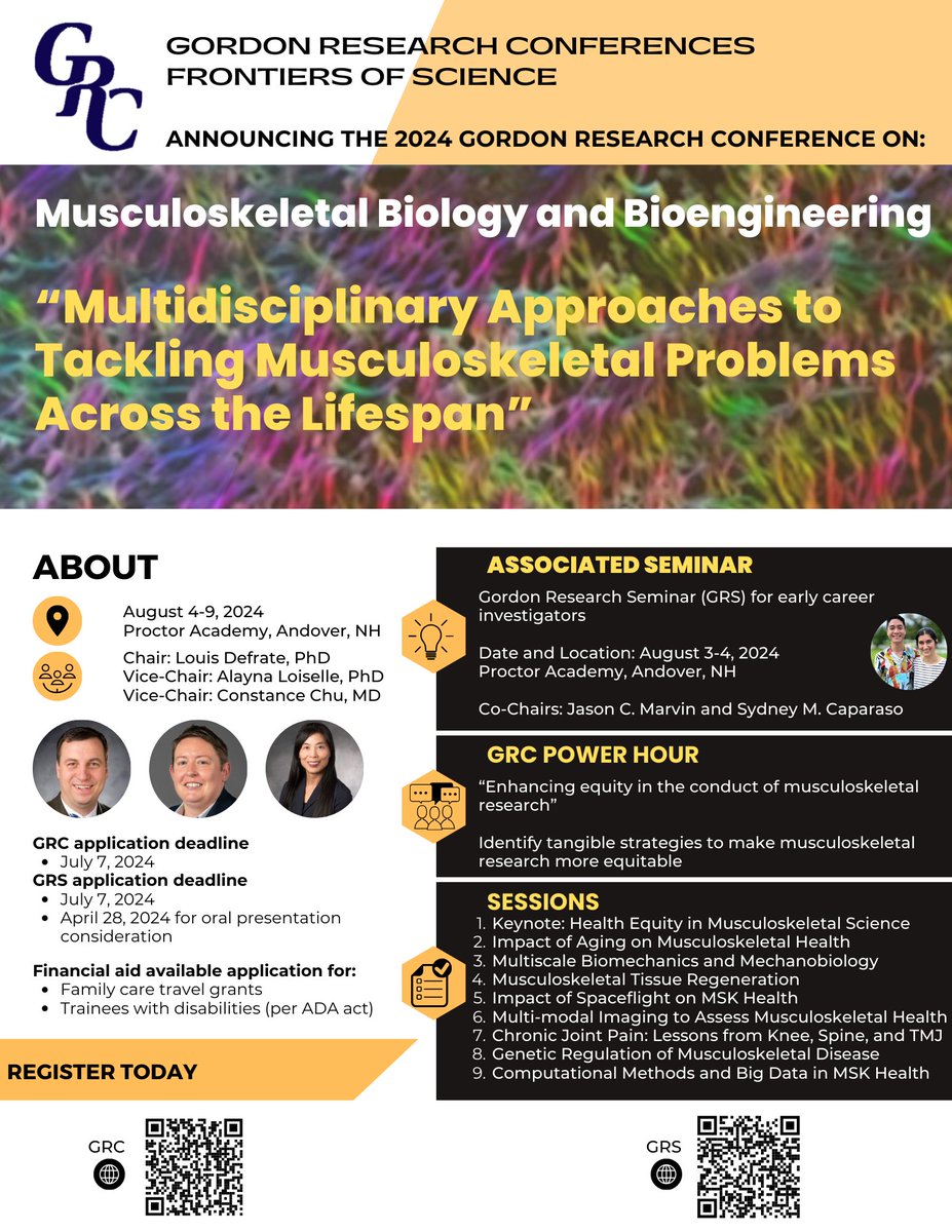 The program for the 2024 @GordonConf (Chair: @defratelab; Vice Chairs: @LoiselleLab & Constance Chu) on Musculoskeletal Biology & Bioengineering is available! GRC talks will also be selected from abstracts submitted by April 28, 2024. Get those GRS and GRS applications in 🤩