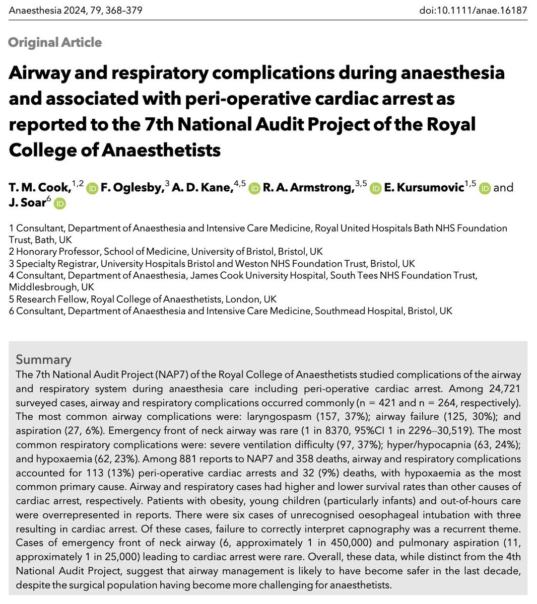 🔓Airway and respiratory complications during anaesthesia and associated with peri-operative cardiac arrest as reported to the 7th National Audit Project of the @RCoANews. @doctimcook @FiOglesby @adk300 @drrichstrong @emirakur @jas_soar #OpenAccess 🔗…-publications.onlinelibrary.wiley.com/doi/10.1111/an…