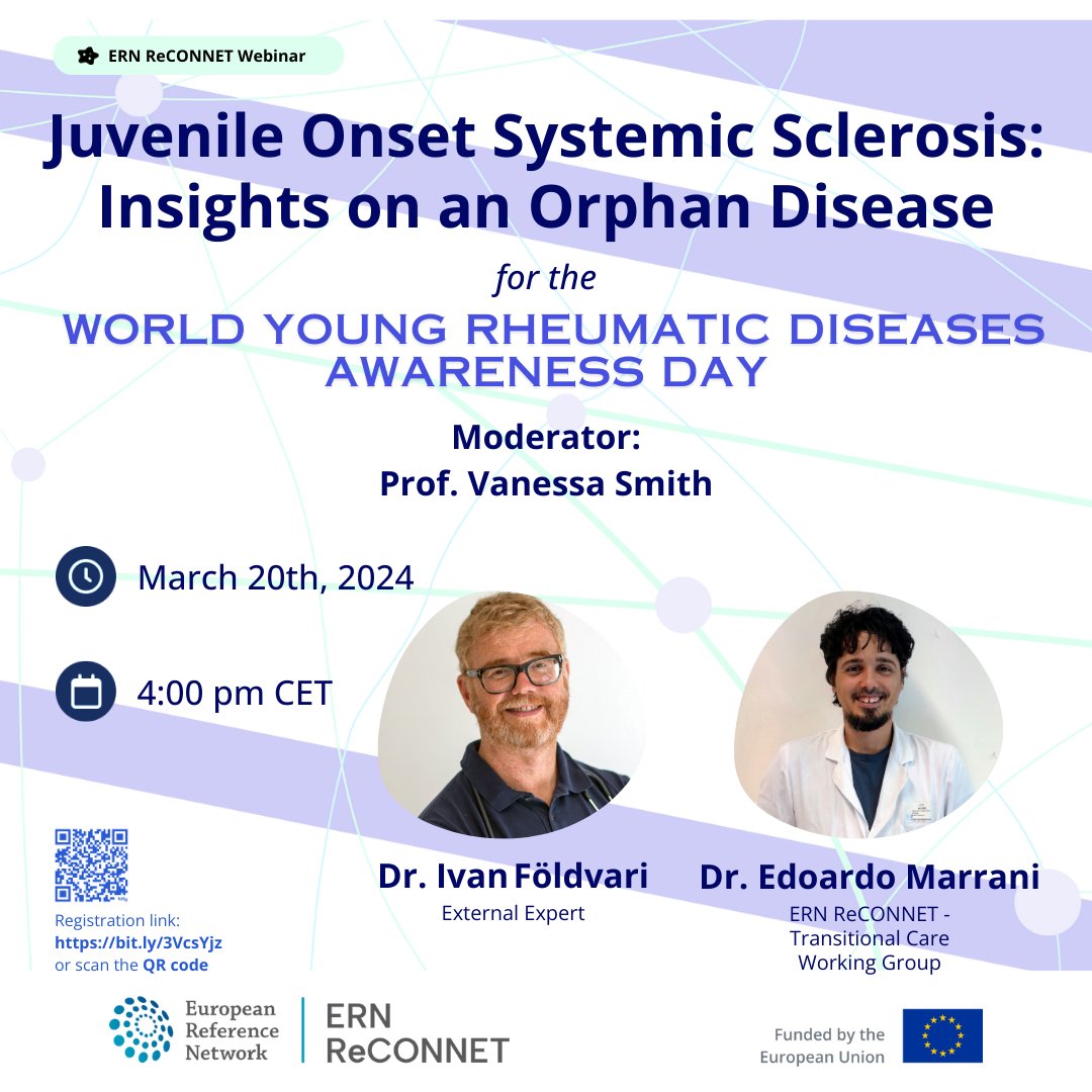 🆕@ern_reconnet #webinar to celebrate the #WorldYoungRheumaticAwarenessDay 🤩 👨‍⚕️Guest speakers: Dr Földvari n Dr Marrani 🎯HCPs 📌JSSc is considered an orphan disease w an estimated prevalence of ONLY 3 cases per 1,000,000 children! ✍️Register here bit.ly/3VcsYjz