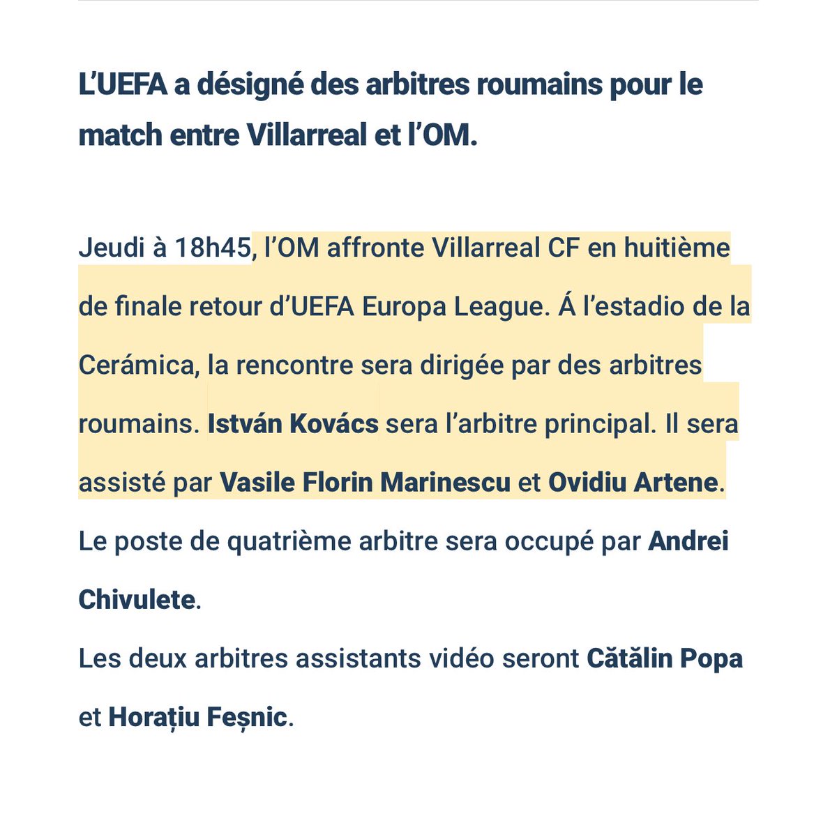 Jour de match @LigueEuropa 

Villarreal🆚@OM_Officiel 

🏟️Estadio de la Cerámica 
⌚️coup d’envoi à 18h45
📺diffusé sur W9 / Canal+Foot
🟨arbitre de la rencontre István Kovács 

Bon les gars faut pas rigoler ou s’endormir faut jouer à fond.Remporter moi ce match y’a pas le choixⓂ️