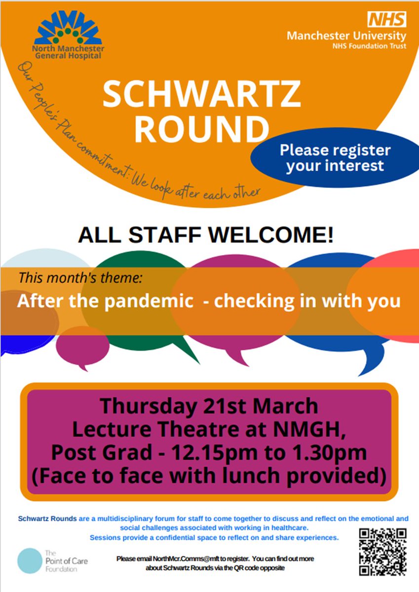 📢Colleagues at NMGH: Only 3 days to go, Thursday 21st March at 12.15pm. Join us for a Schwartz Round session face to face, including lunch, and spend time out reflecting on the speakers’ stories. #allstaffwelcome #teamNMGH @PointofCareFdn @MFTNHS