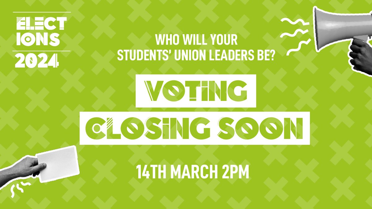 ⏳LAST FEW HOURS! ⏳ Students! Have you voted in the SU Elections? Voting ends at 2pm TODAY. Don’t miss your chance to choose your student leaders for 2024/25! Vote now 👉bit.ly/48K8aTr