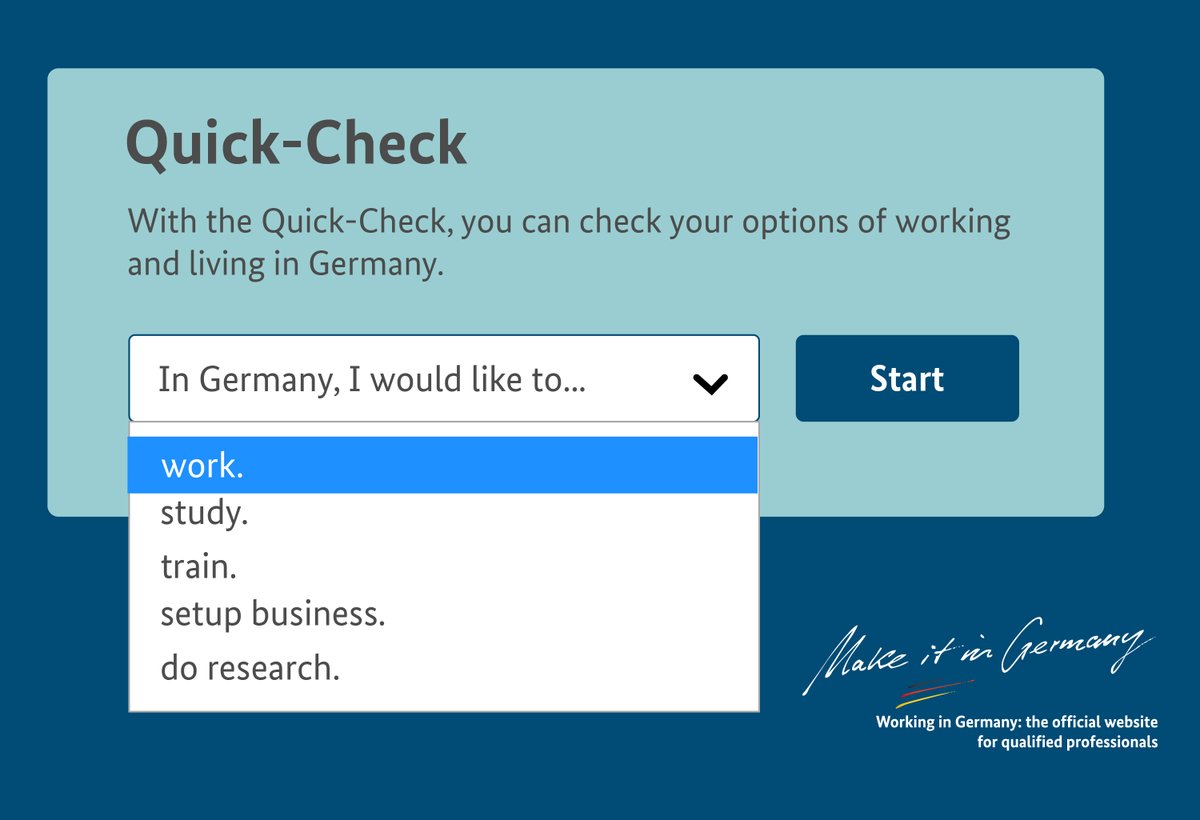 There are a wide range of opportunities for qualified or potential #skilled workers to work and live in #Germany 👏 'The Quick Check' Tool on Make it in Germany will support you in planning your next steps! 🔽🔽🔽 make-it-in-germany.com/en/visa-reside… #JobsinGermany #career