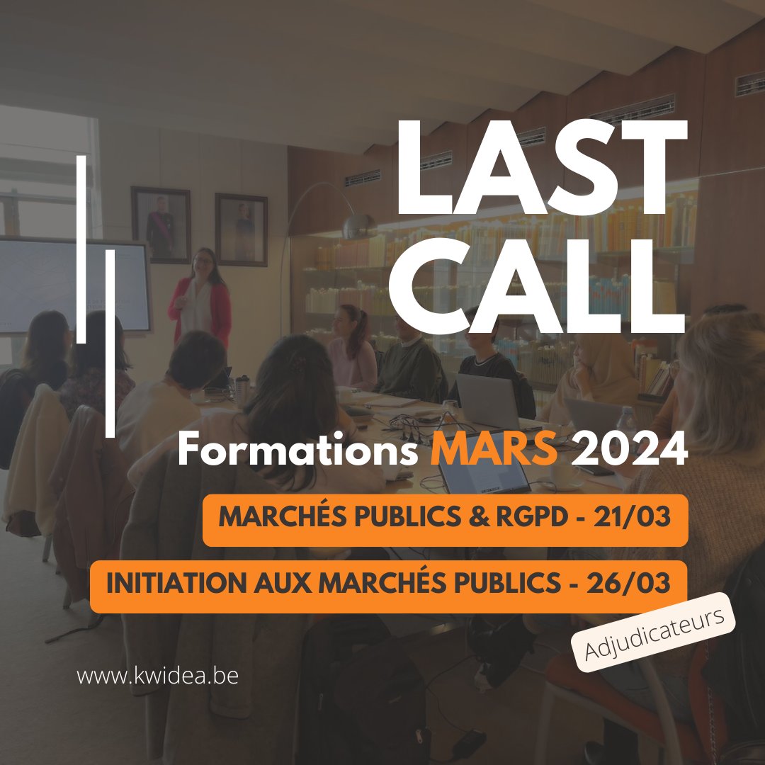 ⏰ LAST CALL - Formations mars 2024
👉 Marchés publics &amp; RGPD – 21/03 (1/2 jour)
👉 Initiation aux marchés publics (adjudicateur) – 26/03 (1 jour)
⚠Réduction - 20%
✅ A p. de 2 inscriptions (ttes formations confondues)
✅ Structures < 50pers
Formulaire : lnkd.in/dvEYn6mQ