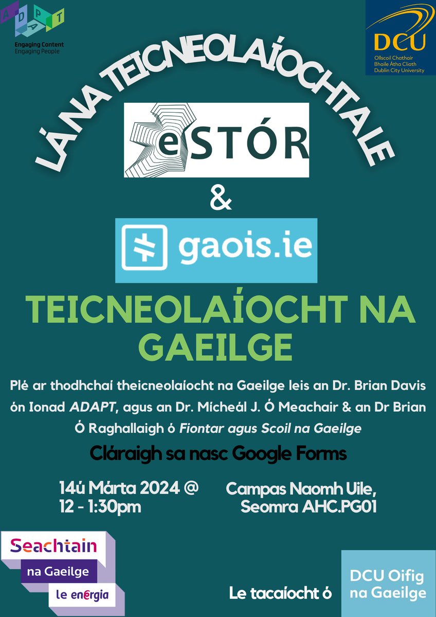 💚 Déardaoin - Thursday: 📣📣📣Lá na Teicneolaíochta Imeacht eSTÓR i gcomhair @gaois_ie @DCUGaeilge @AdaptCentre @eStor_Eireann @FiontarGaeilge Cláraigh agus eolas anseo: peig.ie/imeachtai/ple-… @SnaGaeilge #SnaG24